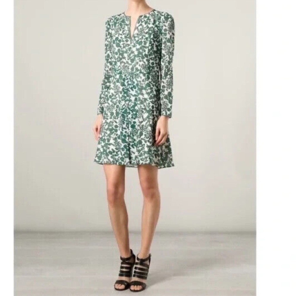 Tory Burch Silk Alice Dress Green & White Floral Print Long Sleeve V-Neck Size 4